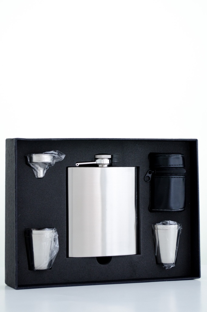 [Z0014] Flachmann 10 Edelstahl satin 4 Becher Trichter 6oz/180ml schw. Gepa No.725687